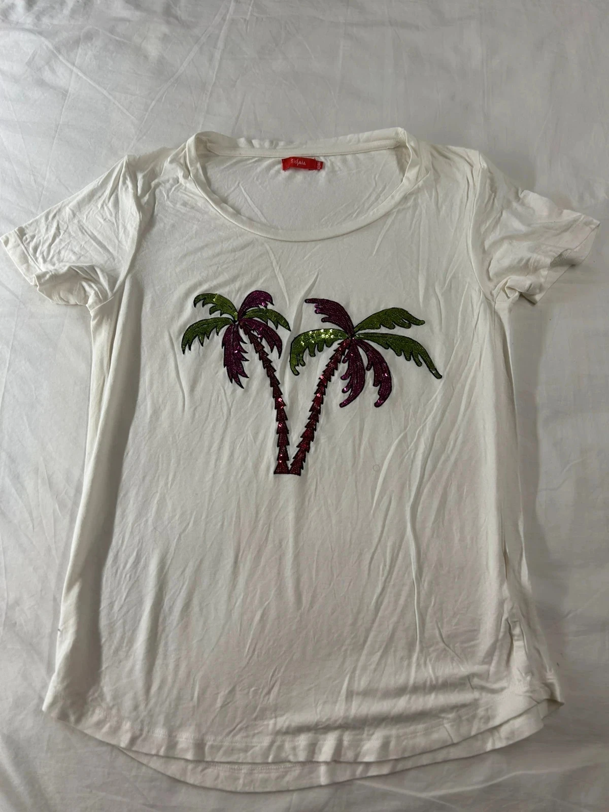 T-shirt branco Tissaia com estampa de palmeira vintage multicolor – photo 2